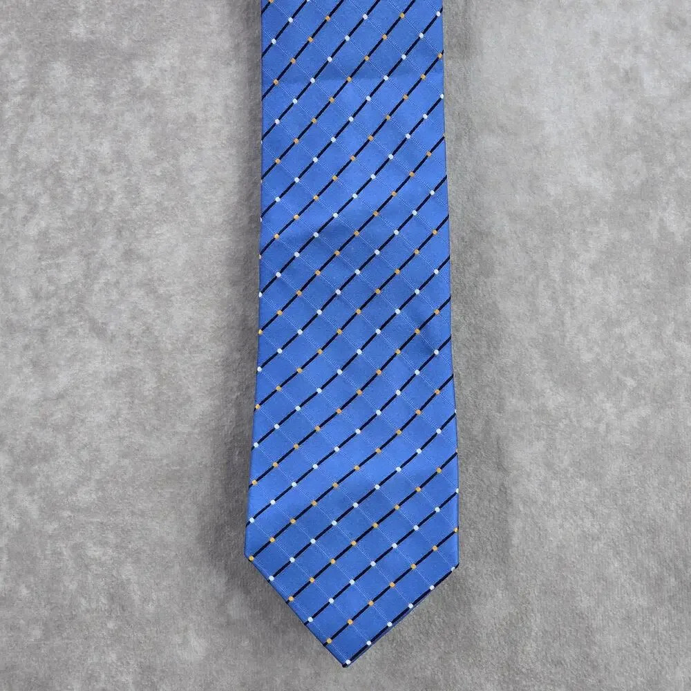 Geoffrey Beene Blue Plaid Stripe Geometric Polka Dot Silk Neck‎ Tie Men's